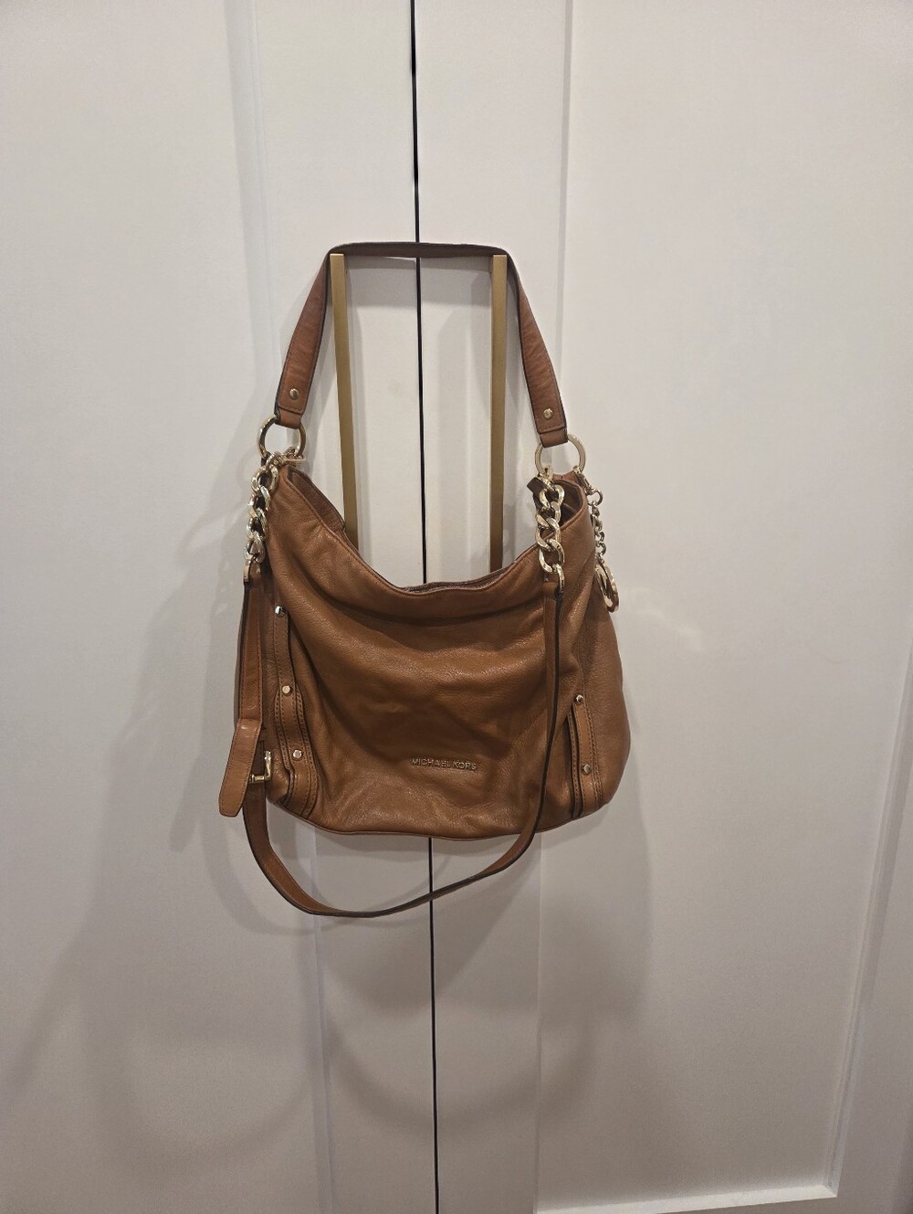 Michael Kors Cognac Leather Hobo Shoulder Bag with Gold Chain